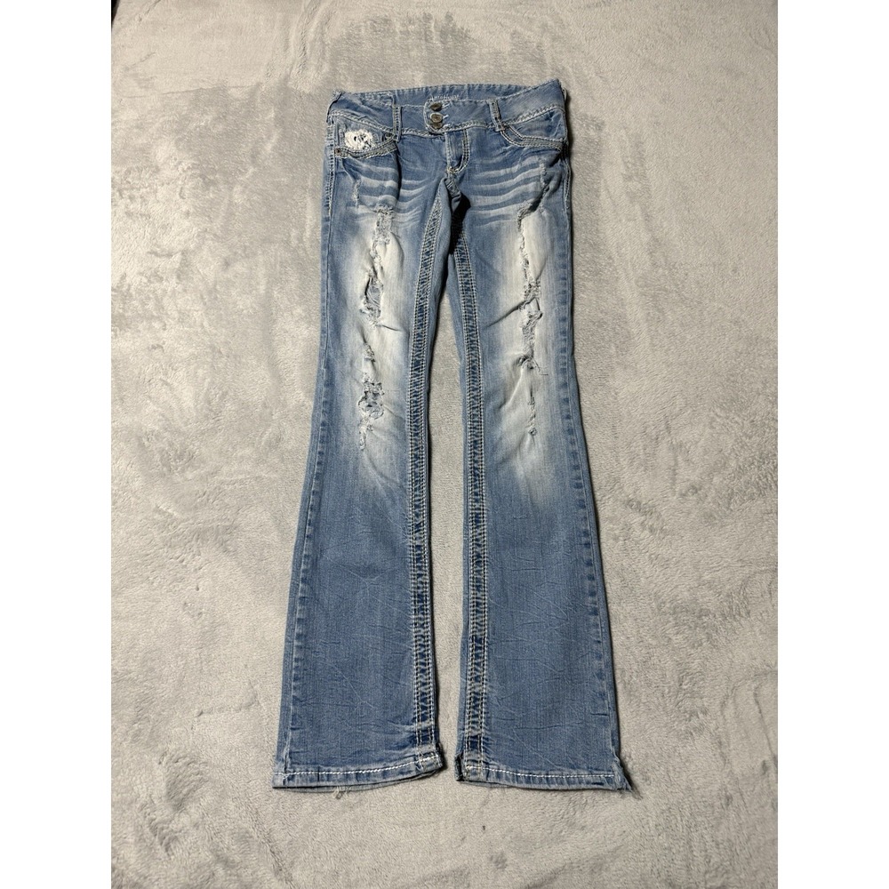Amethyst Jeans Womens 3 Blue Bootcut Low Rise Medium Wash Distressed 26x30